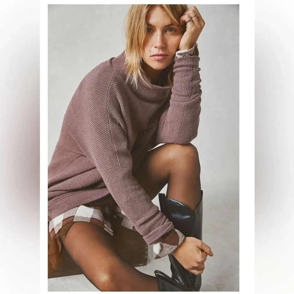 FREE PEOPLE Women's Mock Neck Oversized Cotton Ottoman Sweater in Nutmeg XS